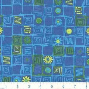  45 Wide Bing Abstract & Flower Blocks Blue Fabric By The 