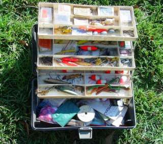 TWO VINTAGE TACKLE BOXES FULL OF LURES AND TACKLE WOODEN LURES  