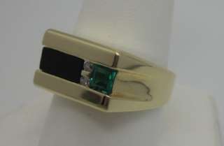 Mens 14k Yellow Gold Ring Black Onyx Diamond & Syn Emerald Channel 
