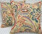 SET OF 2   BLUE RED TAN AND GREEN PAISLEY OUTDOOR THROW PILLOW