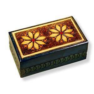 Wooden Box, 5067, Traditional Polish Handcraft, Blue with Two Flowers 
