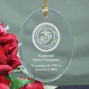  U.S. Marines Memorial Engraved Oval Glass Ornament