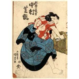 Japanese Print two actors in the role of warriors during a sword fight 