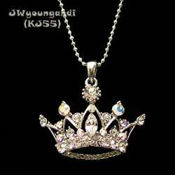 Rhinestone Crown Necklace Pendant Children Kids Crystal Beads Silver 