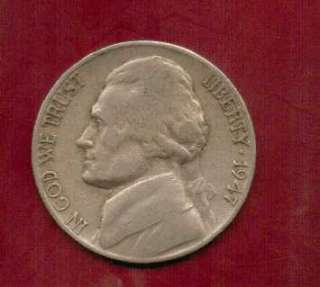 FOR AUCTION 1947 S (SAN FRANCISCO) JEFFERSON NICKEL
