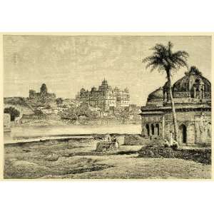  1878 Wood Engraving Birsing Deo Palace Hindu Lake Dattia 
