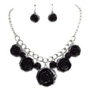   Metal; Black Roses; Lobster Clasp Closure; Matching Earrings Included