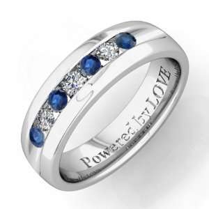 Engraved Mens 7 Stone Sapphire Diamond Wedding Band Comfort Fit in 18k 