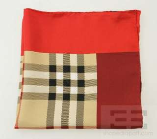 Burberry Red & Tan Silk Check Print Small Square Scarf  
