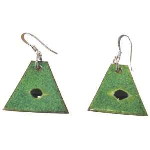  Triangular Enamel on Copper Earrings   Green with Black 