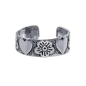   Nickel Free Sterling Silver Orchids & Hearts Antique Finish Toe Ring
