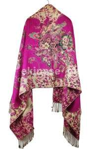 MediumVioletRed Pashmina Cashmere Scarf Five Golden Flowers Thick 