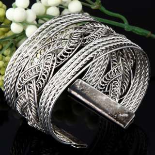 Manmade Tibetan Silver Hollow Wide Knitted Cuff Bracelet Fashion 45g 2 