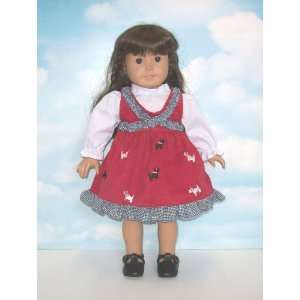  Red Corduroy Dress Set with Embroidered Puppies. Fits 18 
