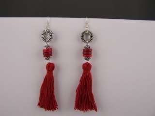 Red long tassel tassle thread fringe earrings dangle  