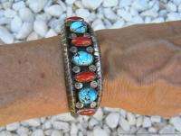 Vintage Native American Navajo Sterling Silver Cuff Bracelet w Coral 