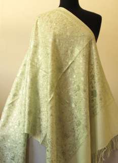Crewel Embroidery, Pale Green on Pale Green, Wool Shawl  
