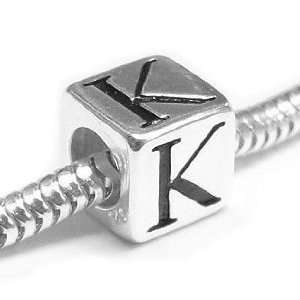 Sterling Silver Dice Cube Letter K Bead Charm for Pandora Troll 