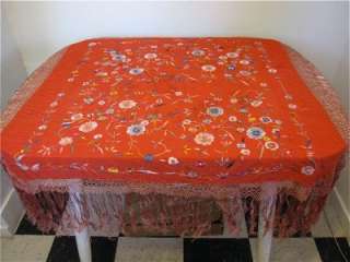 Vintage Antique Red Embroidered Floral Flower Rayon PIANO SHAWL SCARF 