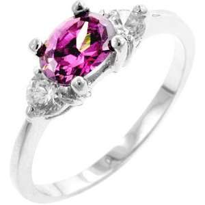  White Gold Rhodium Bonded Ring with Oval Pink Ice Center 