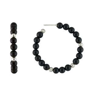  4mm Onyx Stone and Sterling Silver Bead Large Hoop 