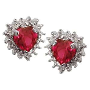   Synthetic Ruby Heart Earrings with CZ Cluster Accents .925 Jewelry