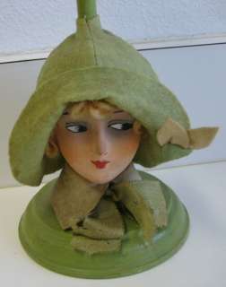 Antique German paper mache lady head green hat stand  