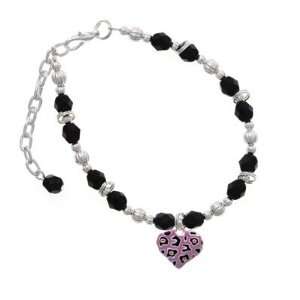  Purple Cheetah Print Heart Black Czech Glass Beaded Charm 