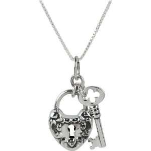   Heart Lock and Key Padlock Pendant Necklace on 18 Bracelet Box Chain