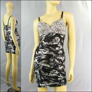 Black Silver Padded Ruched Tunic Clubwear Mini Dress  