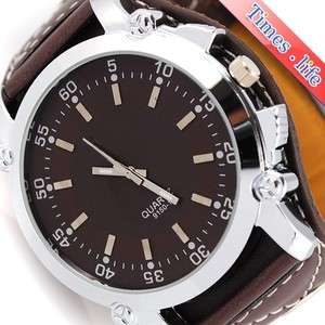   Full Brown Wrist Watch Quartz Mens Boy Big Leather Band Gift  