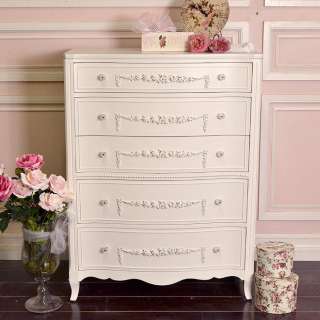   Cottage Chic White 5 Drawer Dresser Highboy French Vintage Style Roses