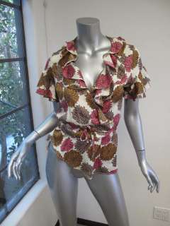 NWT Tucker Ivory/Pink/Brown Floral Ruffle Short Sleeve Wrap Top M 