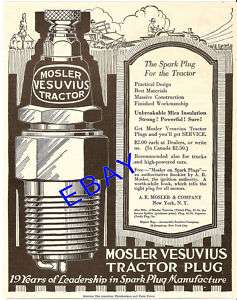 BIG 1919 MOSLER VESUVIUS TRACTOR SPARK PLUG AD NEW YORK  