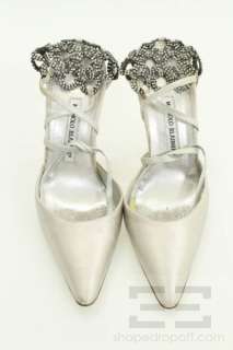   Blahnik Silver Silk Pointed Toe Jeweled Heel Heels Sz 38.5  