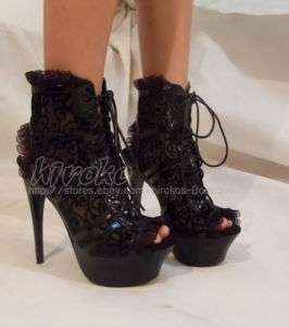 fashion womens black lace high heel shoes platform emo  