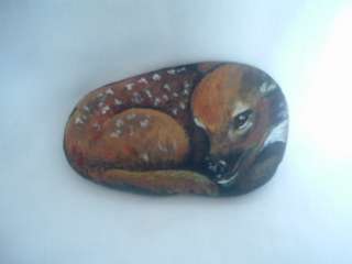 Hand Painted Deer Fawn Stone Paper Weight Pet Rock Display Piece 