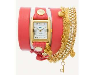 NEW LA MER COLLECTIONS Tokyo Crystal Chain CORAL Leather Wrap Watch w 