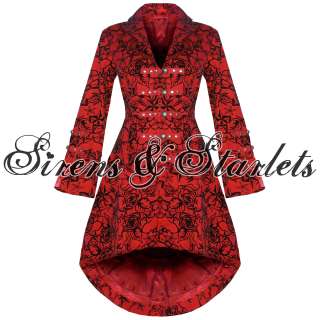   RED GOTHIC STEAMPUNK MILITARY ROCKABILLY FLOCKED TATTOO COAT  