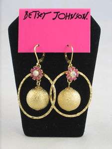 Betsey Johnson Gold Glitter Ball Hammered Hoop Earrings  