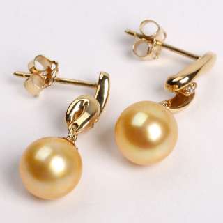   Solid Yellow Gold 7.5mm Akoya Seawater Pearl Stud Drop Earrings  
