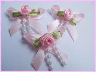 Satin Ribbon Bow w/ Rose & Beads Appliques x 60 Pink  