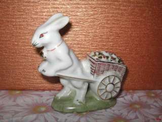 Old German Porcelain Figurine Rabbit Pulls Carriage w Cherries
