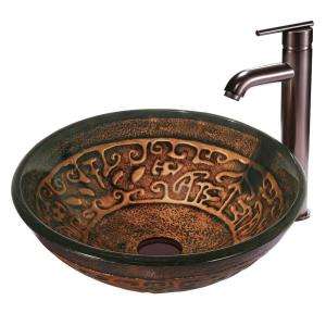 Vigo Copper Mosaic Round Tempered Glass Vessel Sink and Faucet Set in 