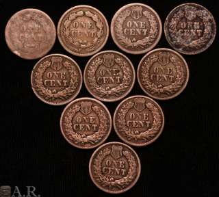 Indian Head Cent CN 10 Coin Lot 1859/1860/1862/1863  