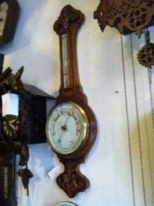 Antique Victorian Oak Aneroid Barometer Thermometer  