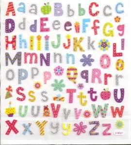 Colorful Alphabet letter stickers w/ silver glitter  