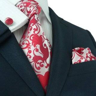   86F True Red Paisleys Mens Silk Tie Set Tie+Hanky+Cufflinks Exclusive