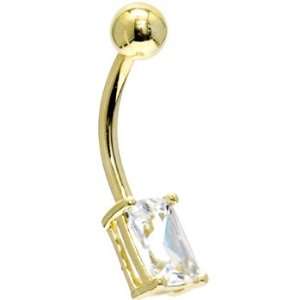   Yellow Gold Cubic Zirconia Rectangular Solitaire Belly Ring Jewelry