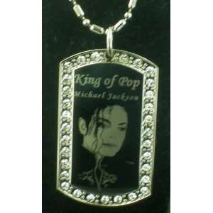  Michael Jackson KING OF POP CZ Silver Dog tag Necklace 